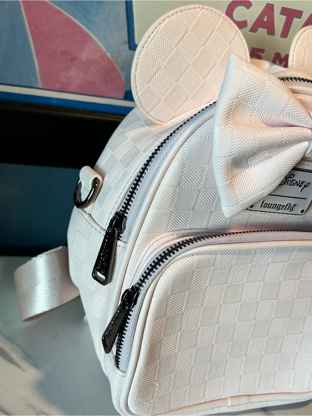 Loungefly Pink Minnie Mouse Mini Checkered Texture Backpack Crossbody Purse - Picture 13 of 15